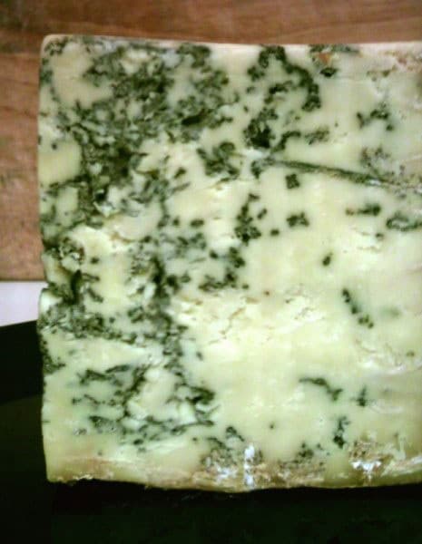 Blue Stilton cheese, with the blue green mold veins produced by Penicillium roqueforti