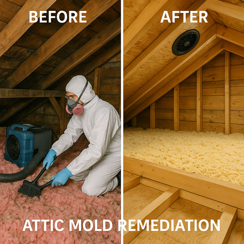 Attic mold treatment specialist working in Beaconsfield heritage home with proper ventilation