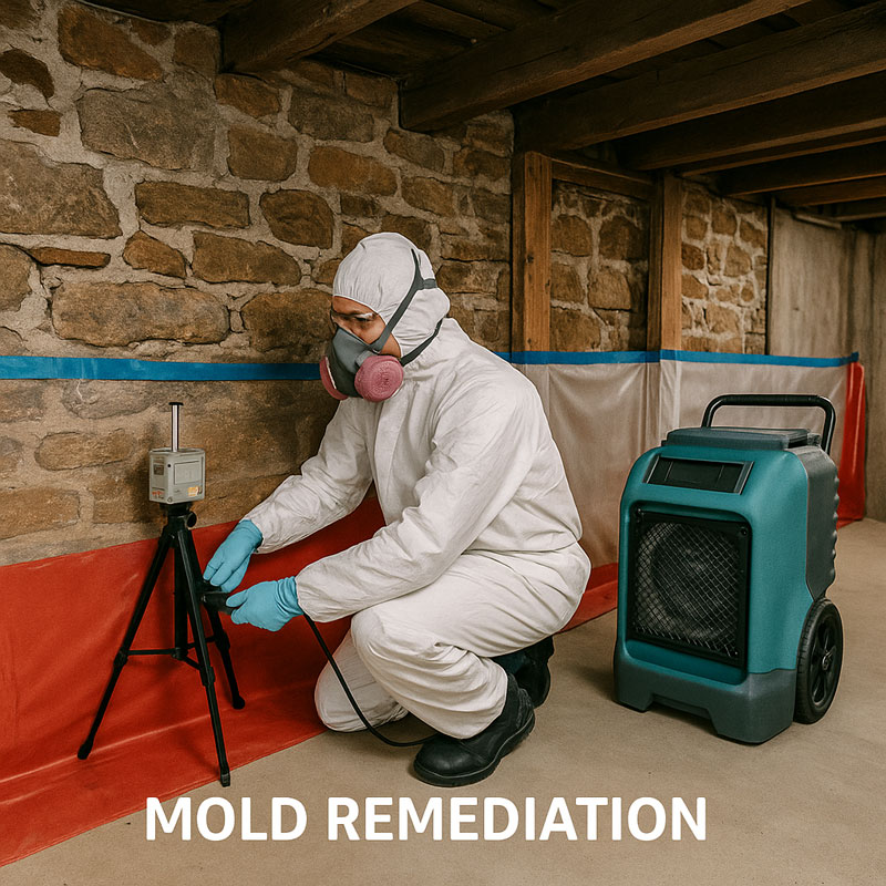 Professional basement mold remediation in Beaconsfield heritage home stone foundation
