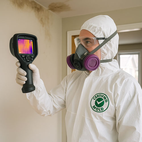 Professional mold inspector using thermal imaging in Dollard-des Ormeaux home