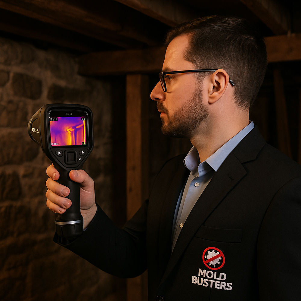 Professional mold inspector using infrared thermal imaging in Lachine heritage home