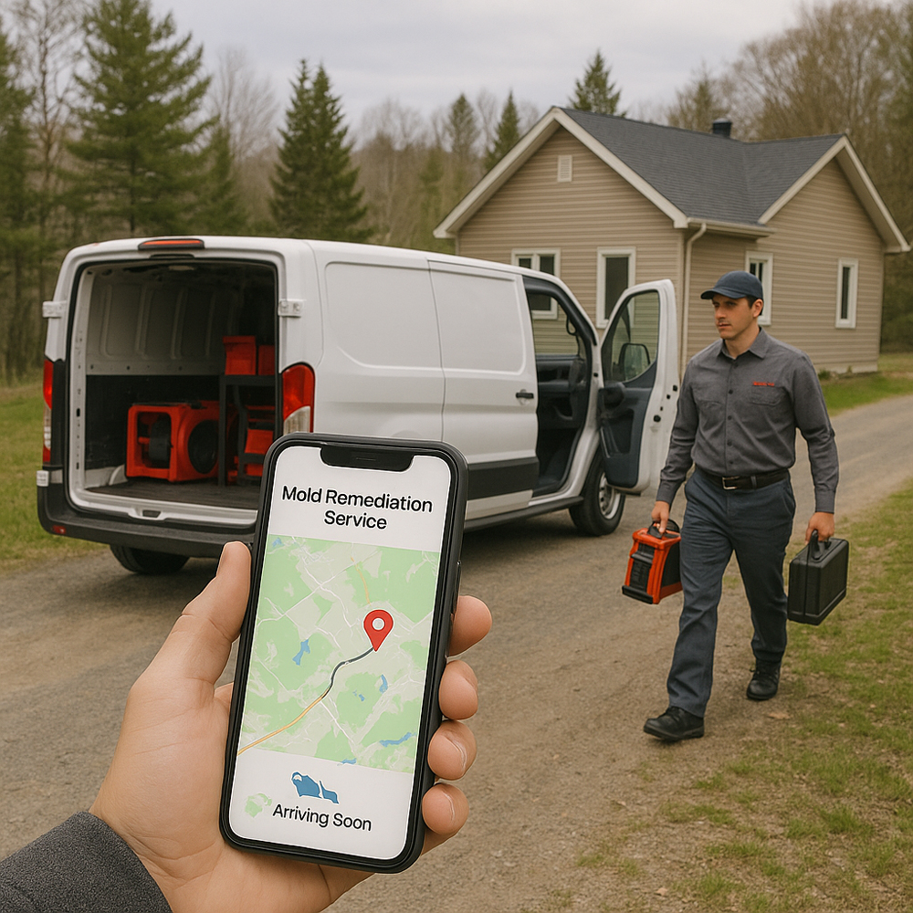 Emergency mold response team arriving at Val-des-Monts property with GPS tracking
