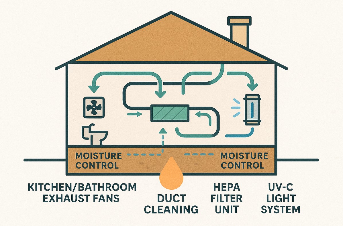 Diagrama del sistema HVAC con componentes etiquetados de prevención de moho