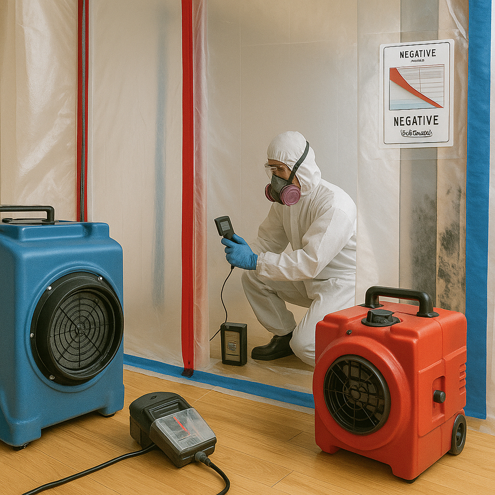 Professional mold containment setup with HEPA filtration and negative air pressure systems