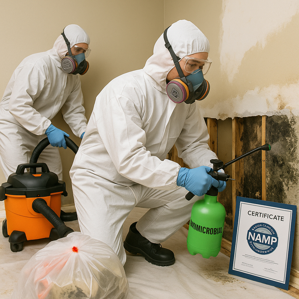 NAMP certified technicians performing safe mold remediation in Val-des-Monts home
