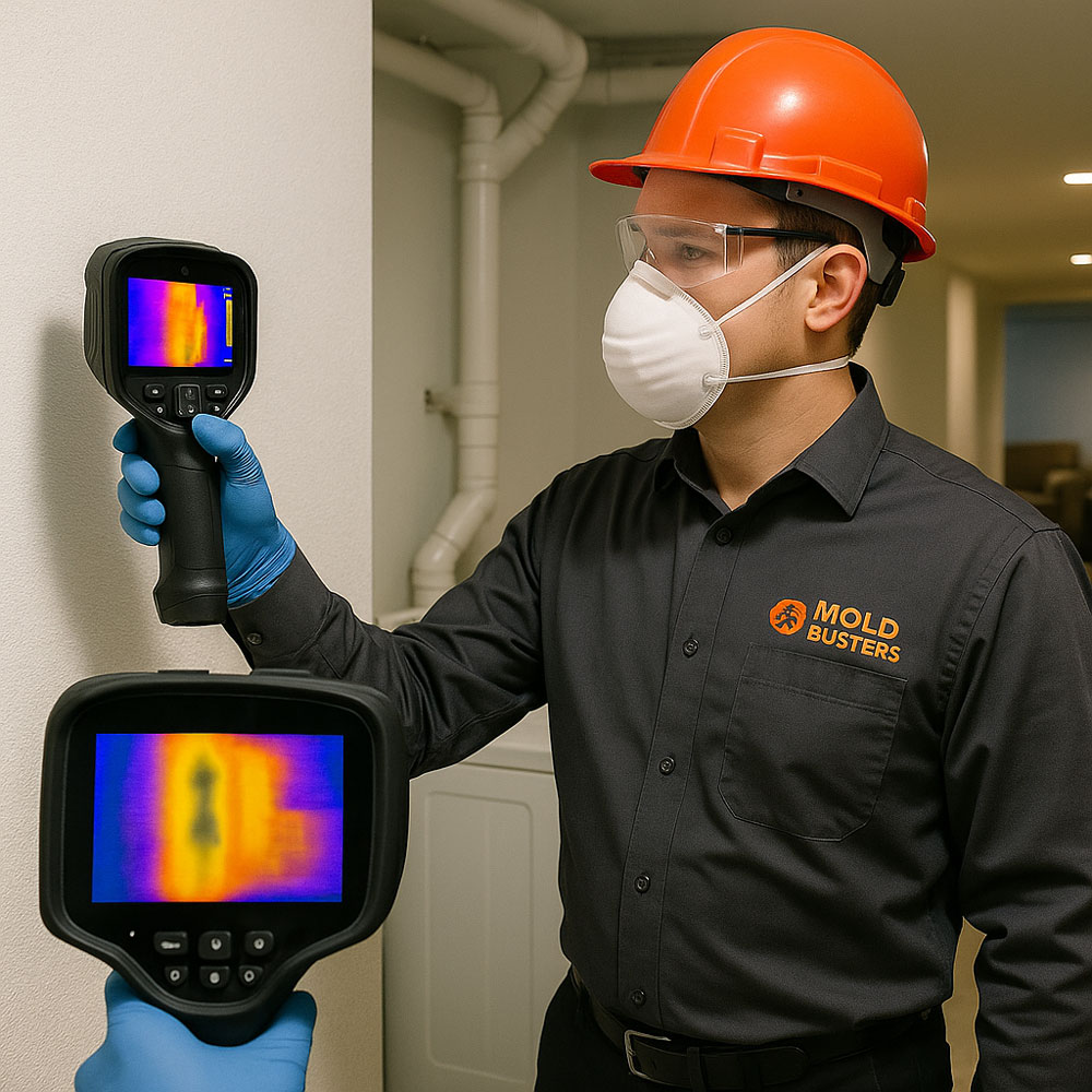 Certified inspector using thermal imaging camera for hidden moisture detection in Quebec home