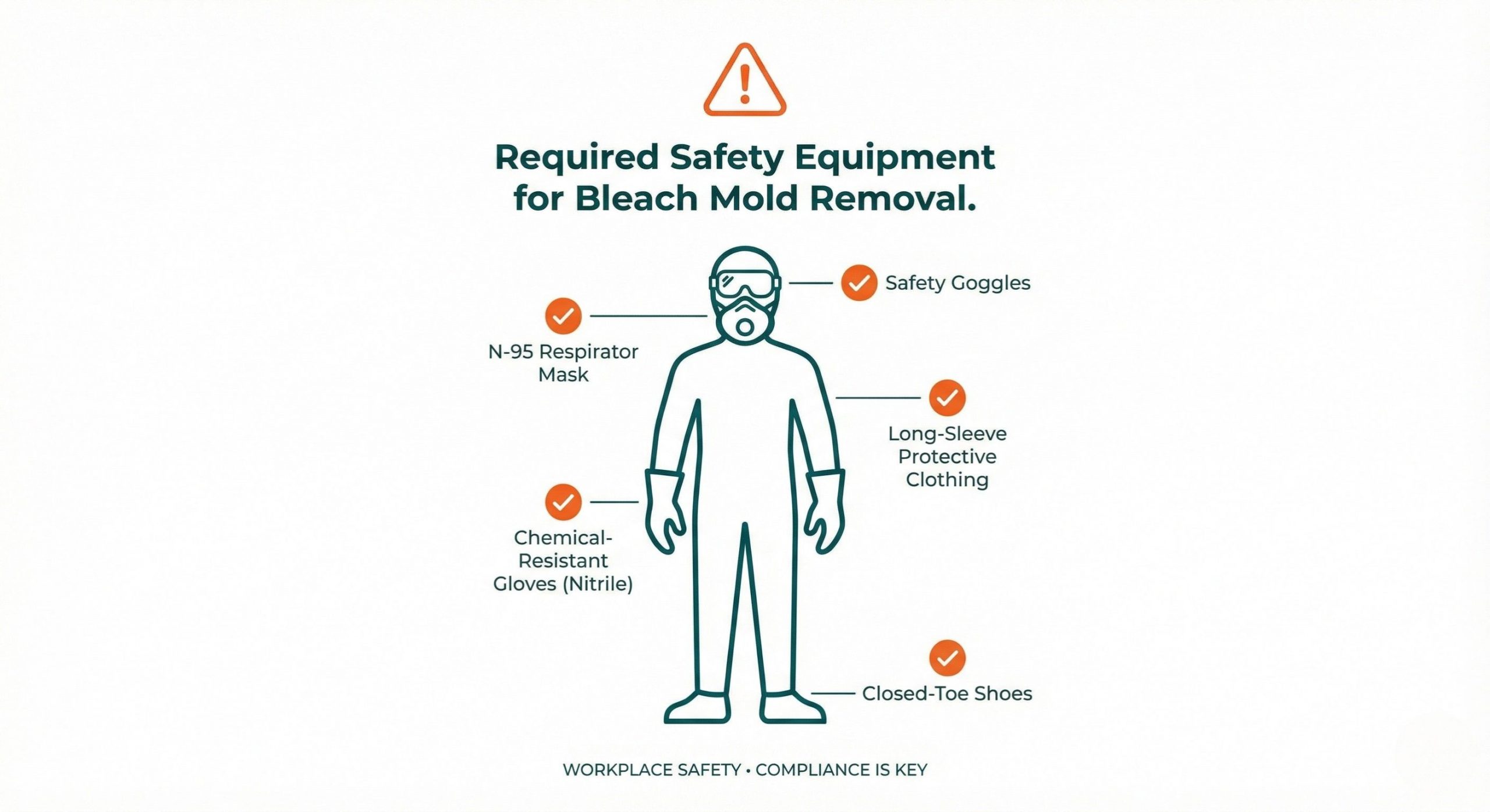 required protective equipment for safe bleach mold removal including N95 mask goggles and gloves