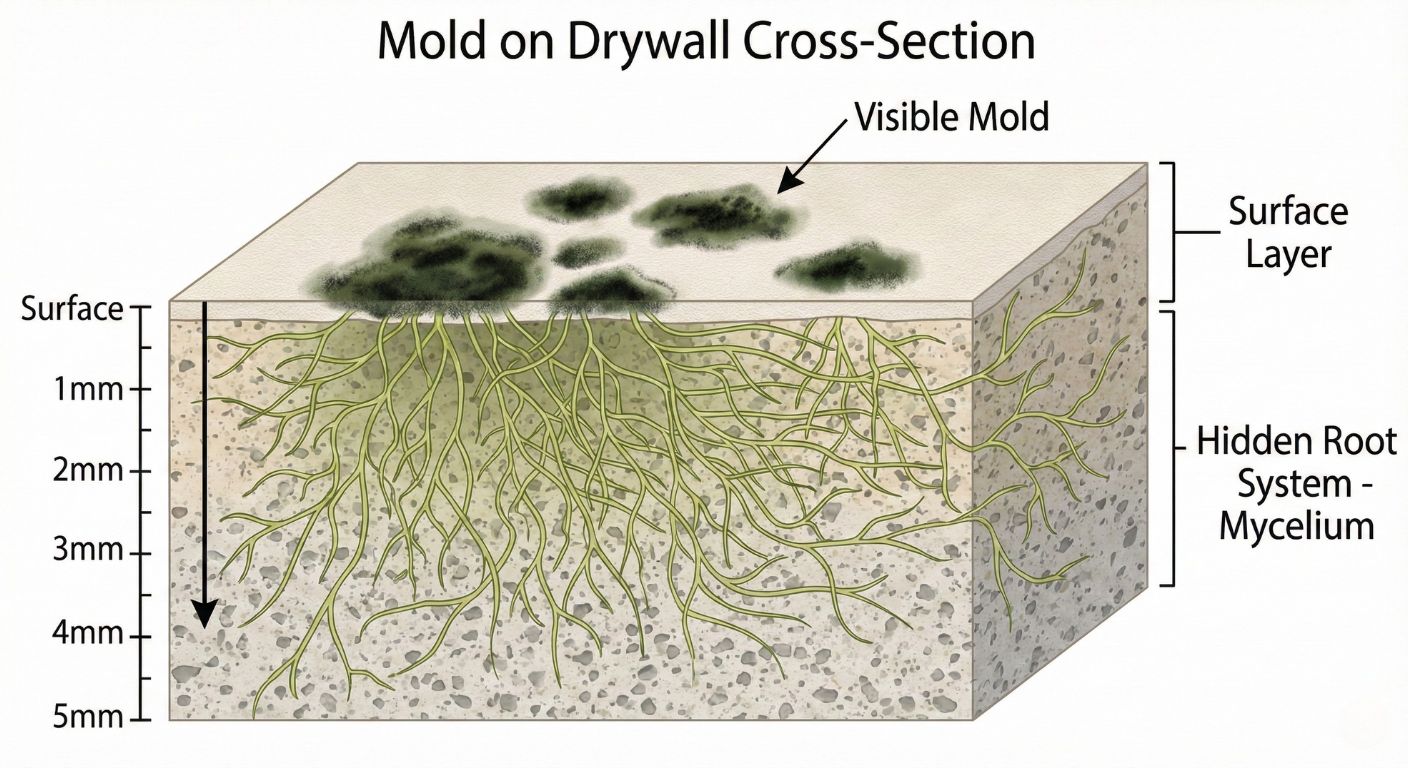 cross section diagram showing mold mycelium and hyphae root system penetrating deep into drywall