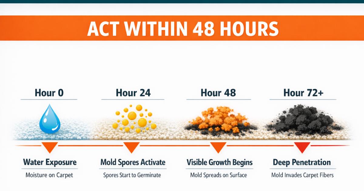 24 48 hour carpet mold growth timeline showing critical response window for professional remediation
