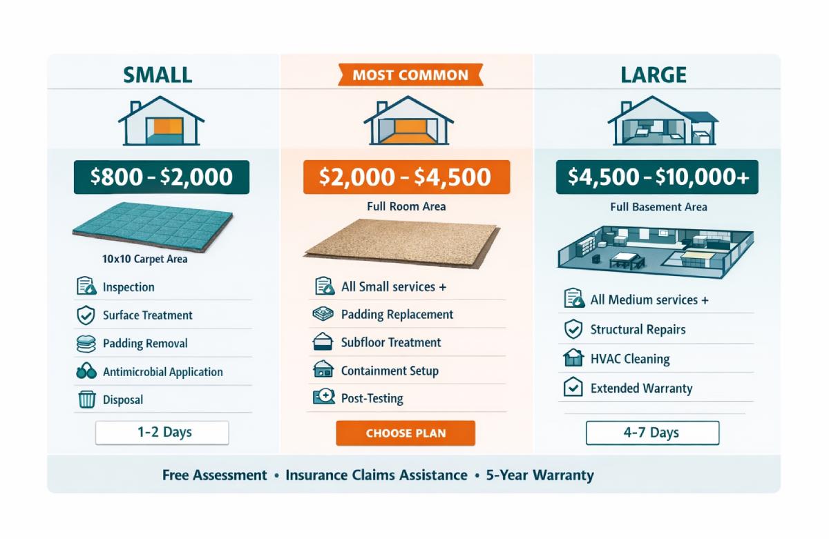 Carpet mold removal cost breakdown showing small, medium, and large area pricing