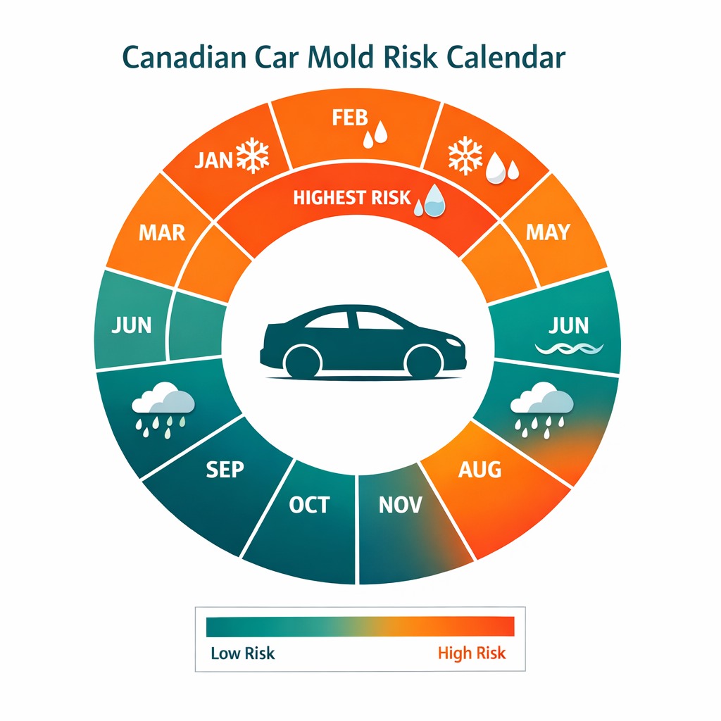 Annual calendar showing car mold risk levels by season in Canadian climate including Ontario and Quebec