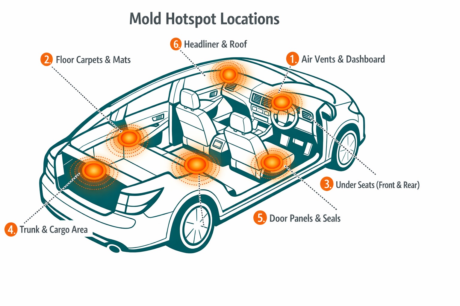 Diagram showing common mold growth locations inside car interior including vents, carpets, seats and trunk