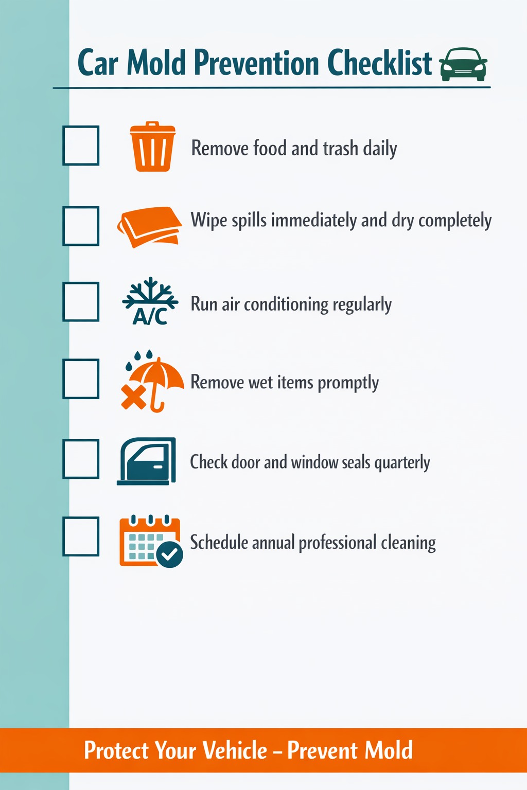 Car mold prevention checklist with daily and seasonal maintenance tips to prevent mold growth