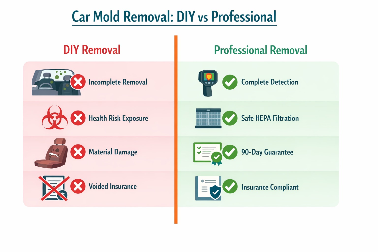 Comparison infographic showing DIY car mold removal risks versus professional mold removal benefits