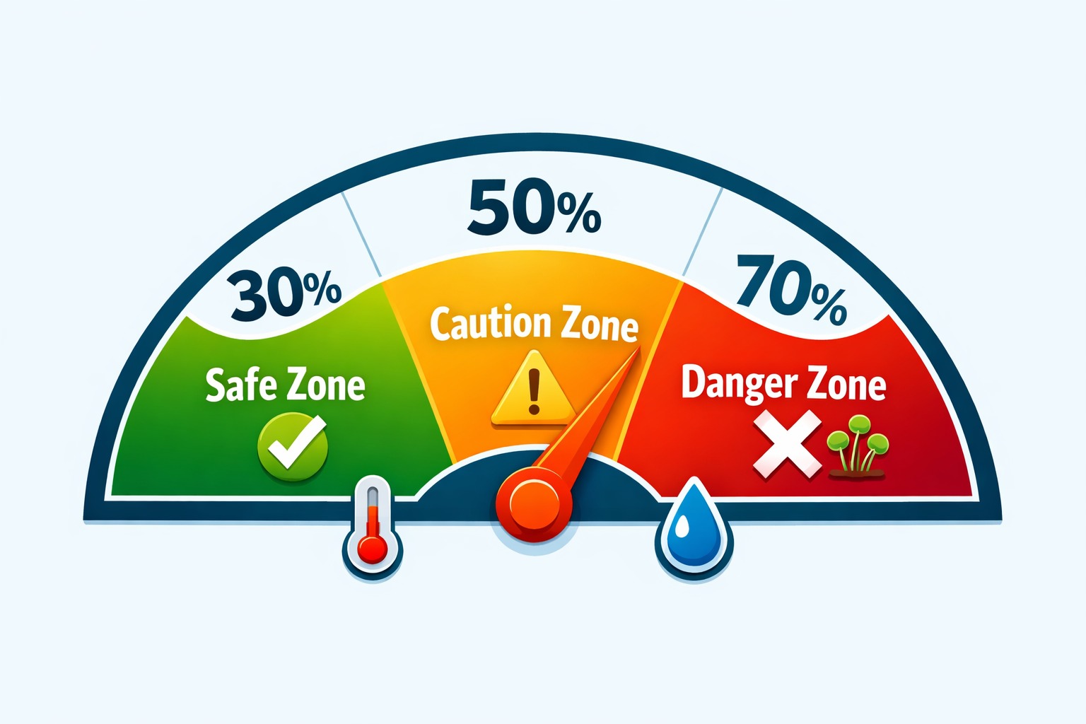 Humidity meter showing safe zone 30-50%, caution zone 50-60%, and danger zone 60%+ for mold growth