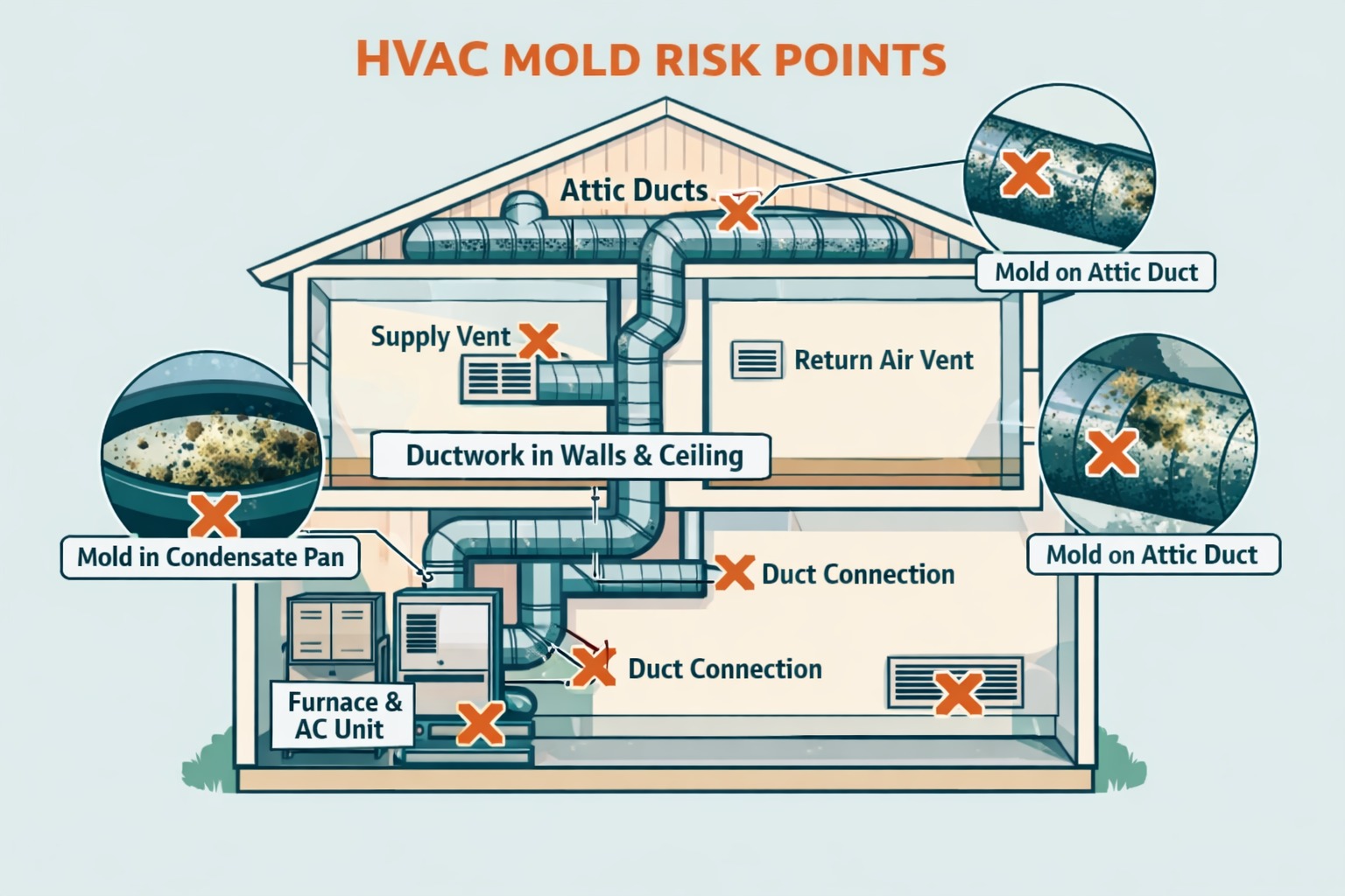 Diagram of home HVAC system showing common mold growth locations in ducts, vents, and condensation pans