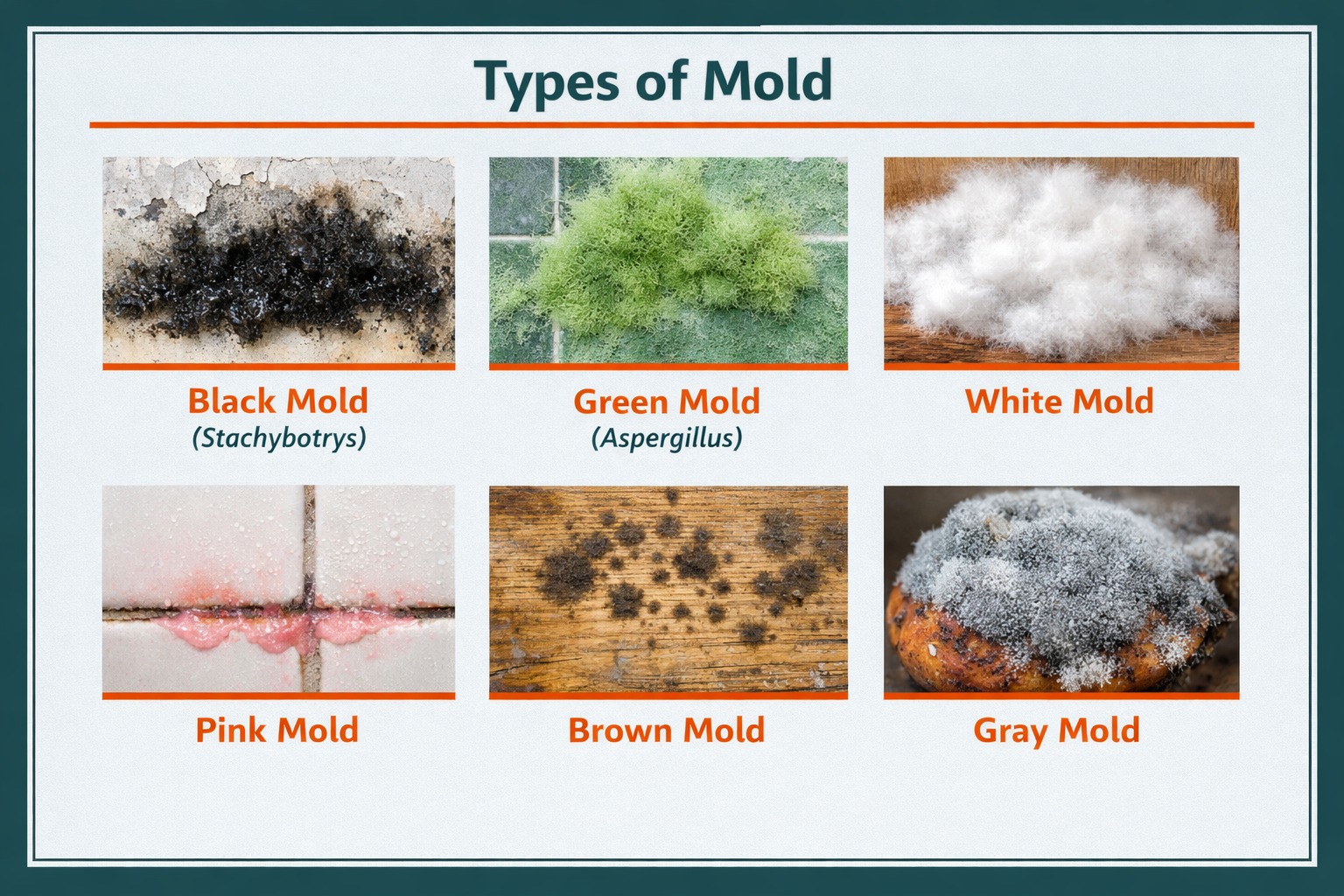 Chart showing different mold colors: black, green, white, pink, brown, and gray with examples