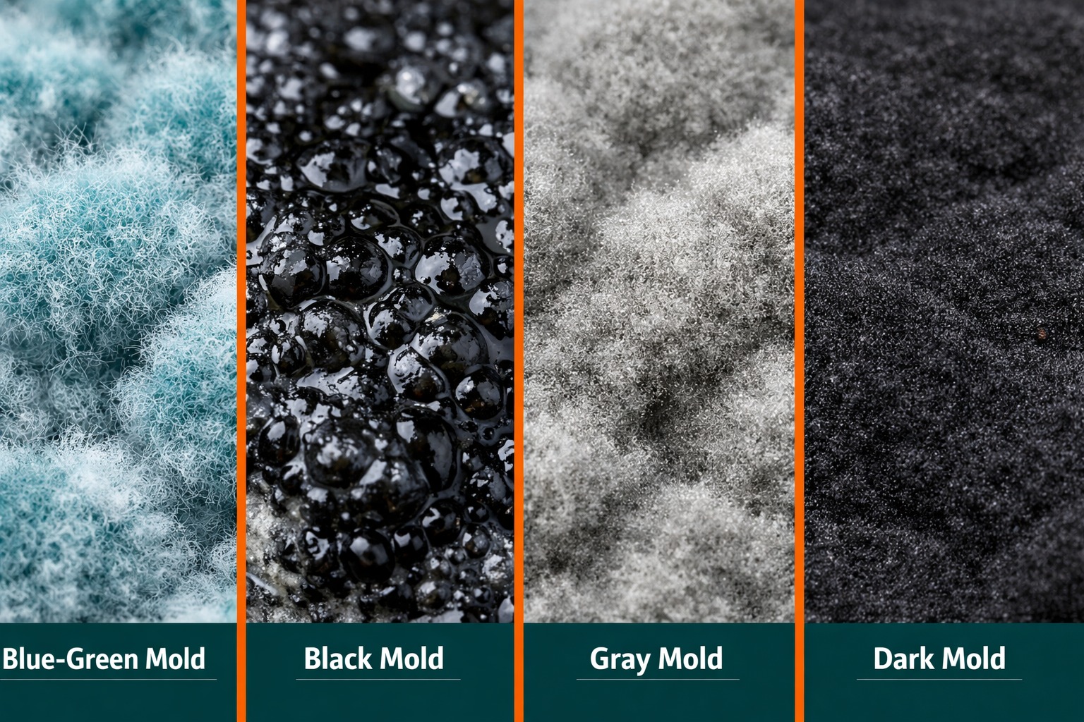 Side-by-side comparison of fuzzy, slimy, powdery, and velvety mold textures