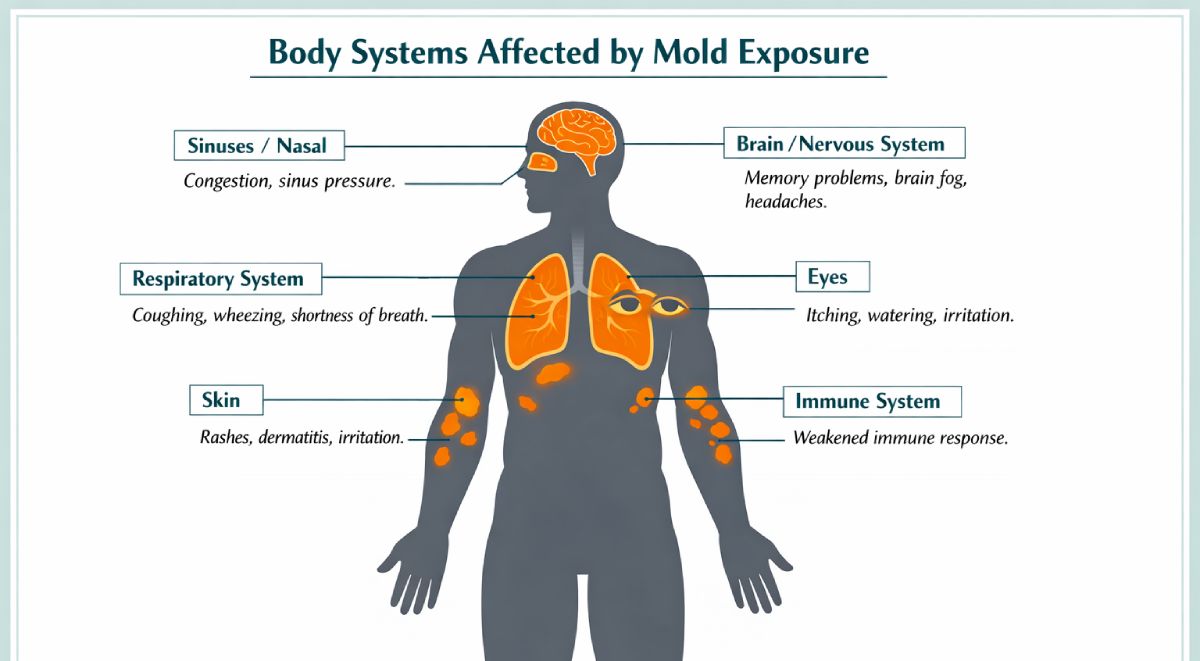 diagrama anatómico mostrando los sistemas corporales afectados por la exposición al moho incluyendo sistemas respiratorio, nervioso e inmunológico