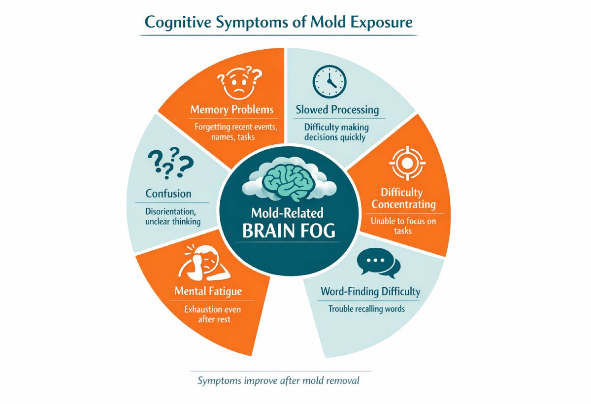 diagrama circular mostrando seis síntomas cognitivos de la niebla mental relacionada con el moho incluyendo problemas de memoria, dificultades de concentración y fatiga mental