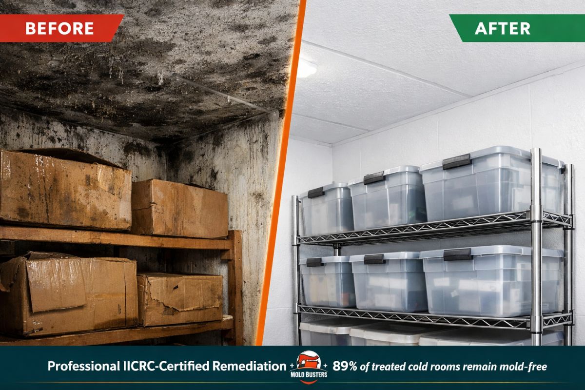 Comparación antes y después de la remediación profesional de moho en cuarto frío: transformación de techo y paredes contaminados con moho negro a un espacio limpio con estanterías de acero inoxidable