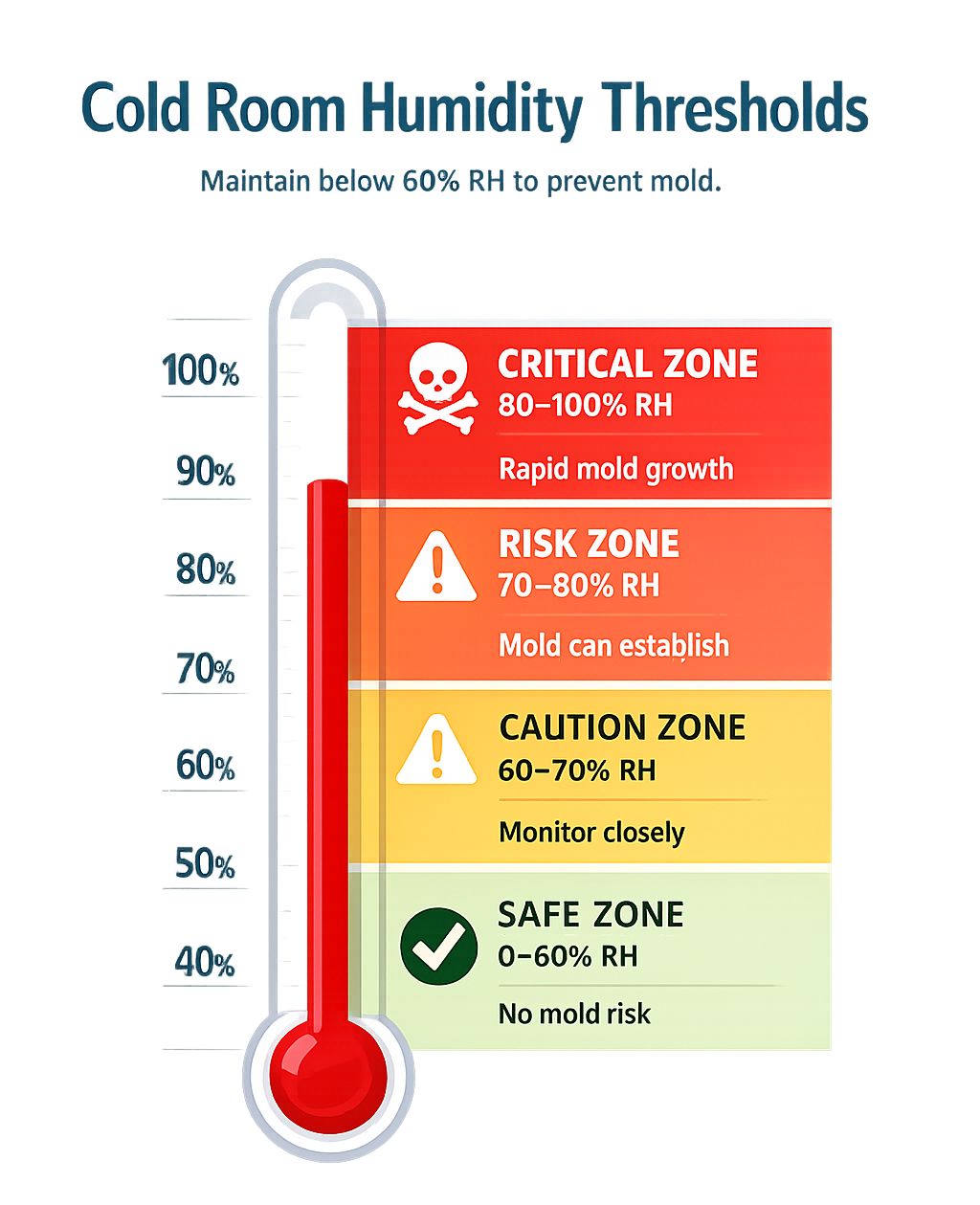 Umbrales de humedad en cuartos fríos de almacenamiento: zona segura por debajo del 60% de HR, zona de precaución entre 60 y 70%, zona de riesgo entre 70 y 80%, y zona crítica por encima del 80%
