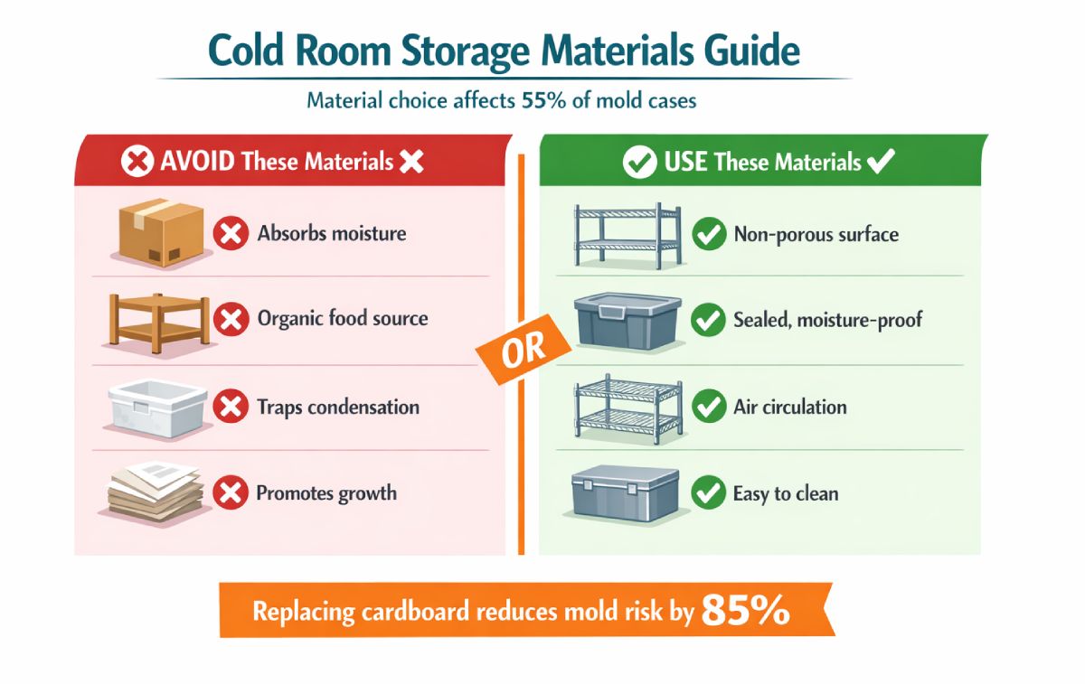 Gráfico comparativo de materiales a evitar en almacenamiento frío, como cartón y madera, versus materiales adecuados como estanterías de acero inoxidable y contenedores de plástico sellados