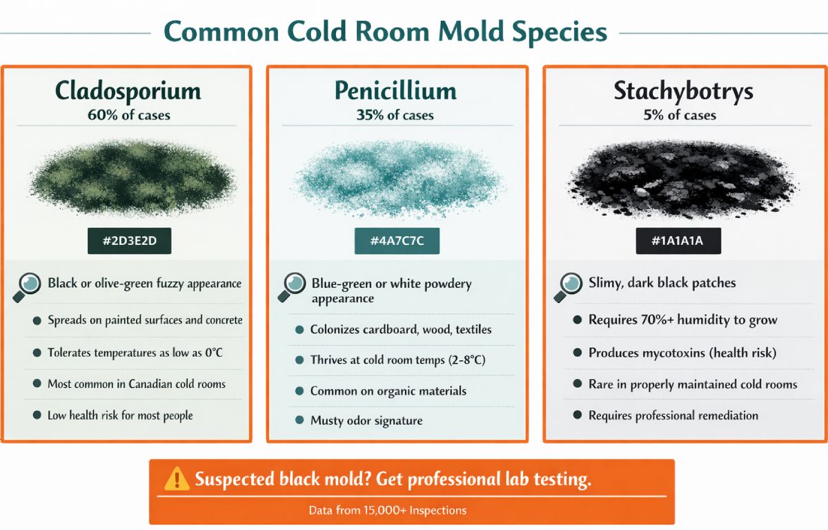 Guía de identificación visual con las tres especies de moho más comunes en cuartos fríos: Cladosporium negro-verdoso en el 60% de los casos, Penicillium azul-verdoso en el 35% y Stachybotrys moho negro tóxico en el 5%
