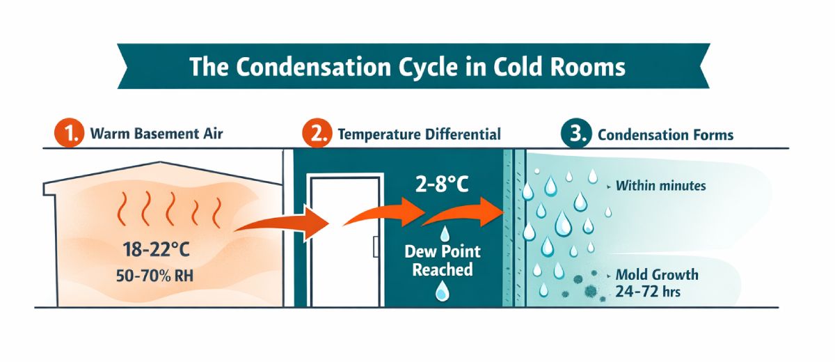 Diagrama técnico que muestra el proceso de formación de condensación cuando el aire cálido del sótano a 18-22 grados Celsius entra en contacto con las paredes del cuarto frío a 2-8 grados, generando gotitas de agua