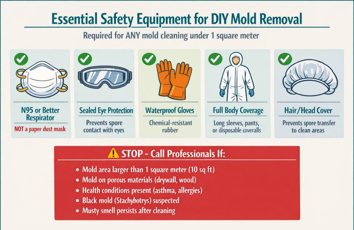 Equipo de seguridad esencial para la eliminación de moho en cuartos fríos por cuenta propia: respirador N95, gafas de seguridad selladas, guantes impermeables de protección, ropa de cobertura completa y cubierta para el cabello