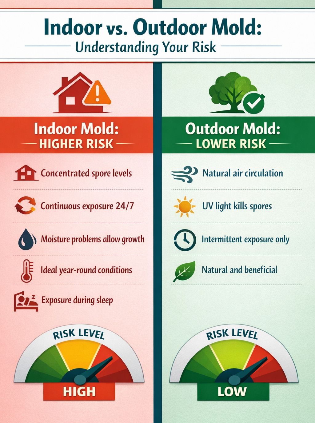 infografía comparativa mostrando que el moho interior presenta mayores riesgos para la salud que la exposición al moho exterior