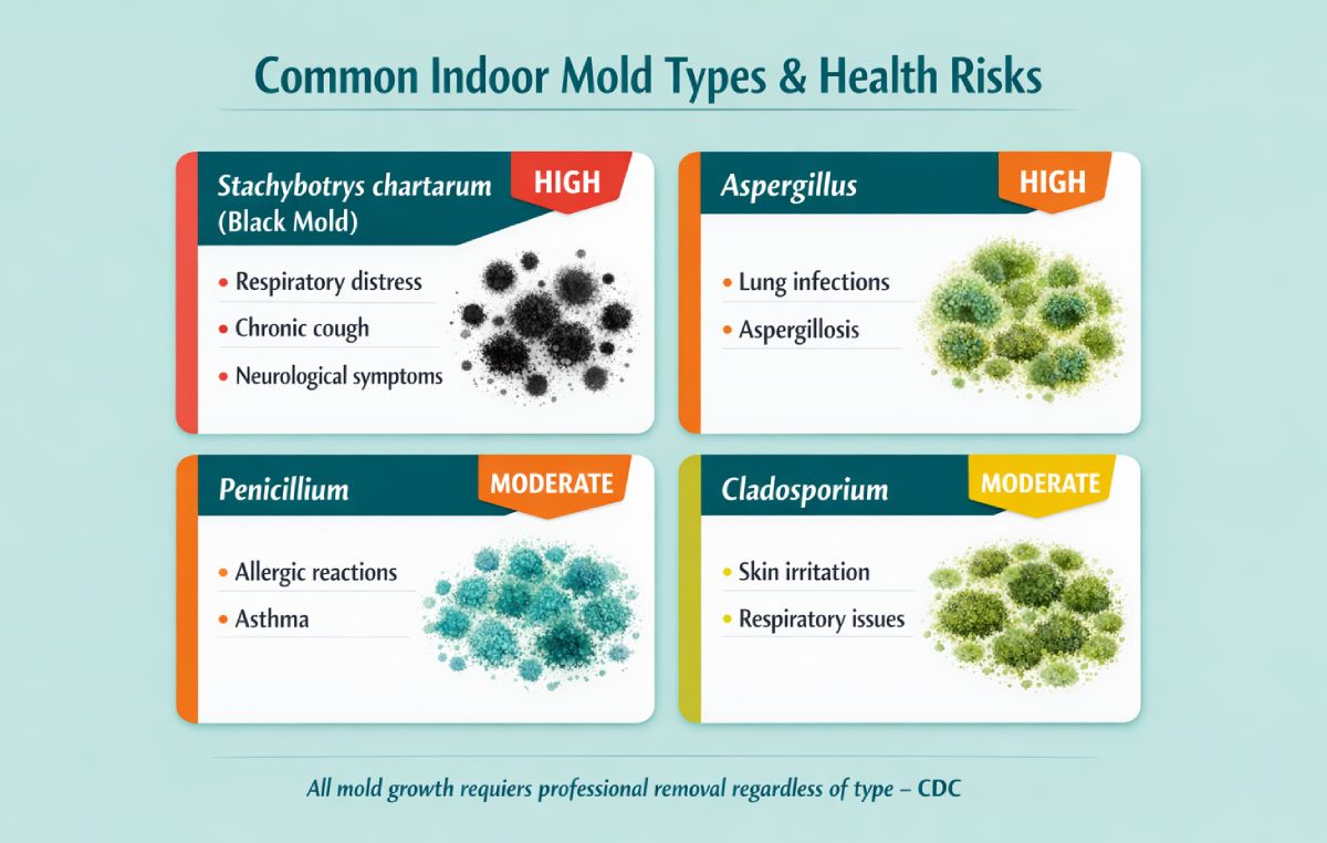 gráfico comparativo de tipos comunes de moho doméstico incluyendo moho negro, aspergillus, penicillium con niveles de riesgo y síntomas