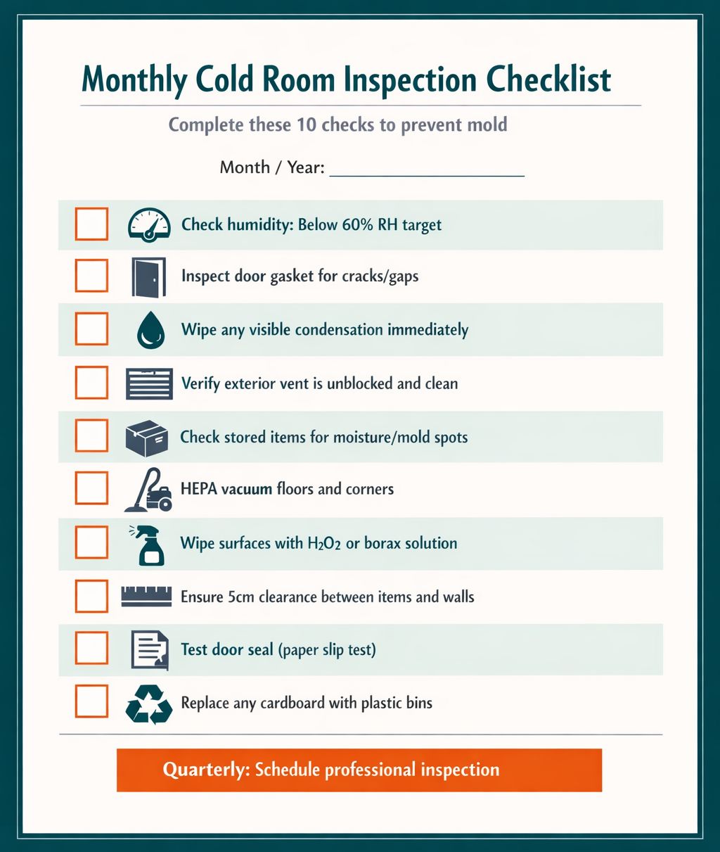 Lista de verificación mensual para la prevención de moho en cuartos fríos que incluye 10 puntos de inspección: monitoreo de humedad, revisión de juntas de puerta, limpieza de condensación, verificación de ventilación y rutina de limpieza