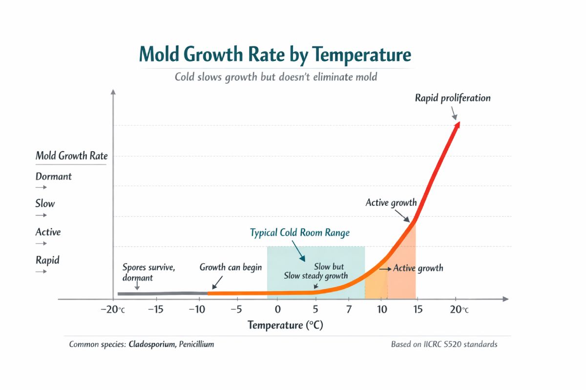 Gráfico científico que muestra cómo la tasa de crecimiento del moho aumenta con la temperatura: desde inactivo a -20 grados Celsius hasta rápido a 20 grados, con los cuartos fríos típicos entre 2 y 8 grados mostrando un crecimiento lento pero constante