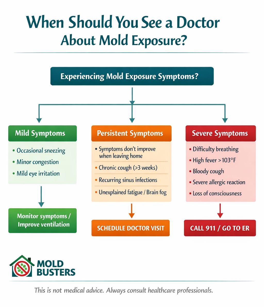 árbol de decisión médica mostrando cuándo ver a un médico por síntomas de exposición al moho desde situaciones leves hasta emergencias