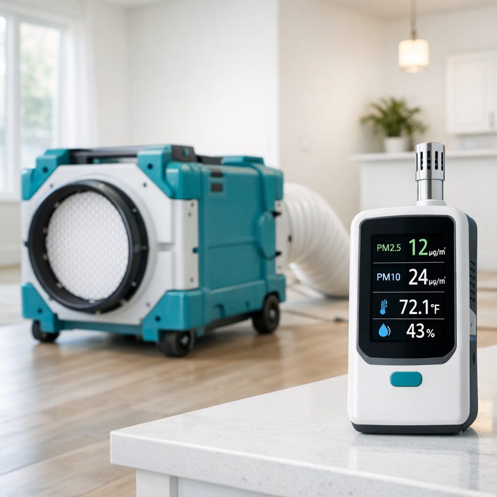 Indoor air quality testing equipment in newly renovated room