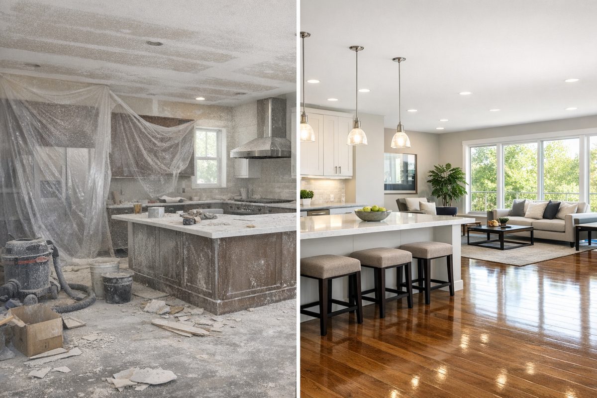 Before and after post-construction cleaning comparison