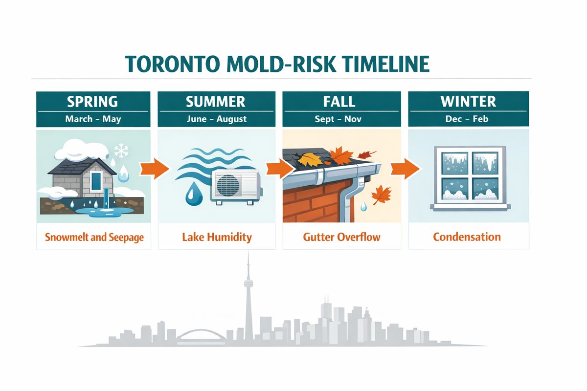 Year-round mold risk in Toronto: spring basement seepage, summer Lake Ontario humidity, fall gutter overflow, and winter window-frame condensation.