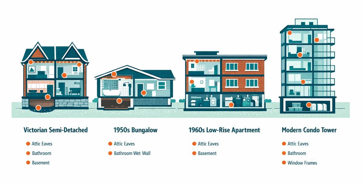 Mold risk by Toronto housing type: Victorian semi-detached, post-war bungalow, 1960s low-rise apartment, and modern glass condo, each showing common mold-prone areas.