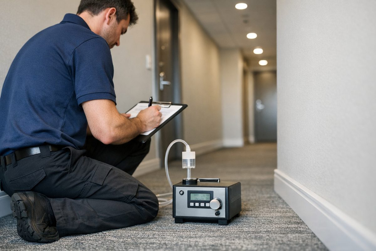 Mold Busters technician taking an indoor air quality reading in an apartment corridor