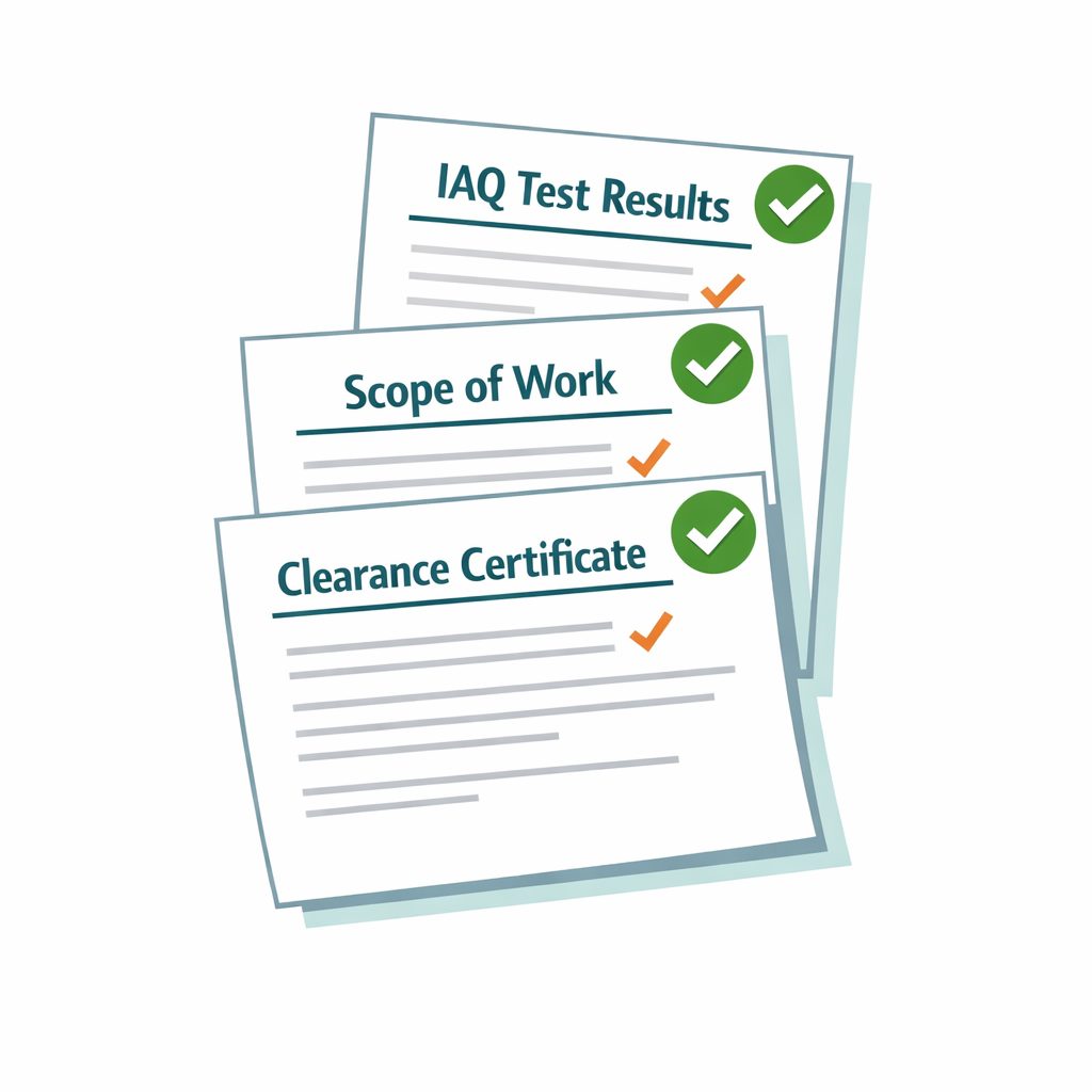 Three report documents: IAQ Test Results, Scope of Work, Clearance Certificate