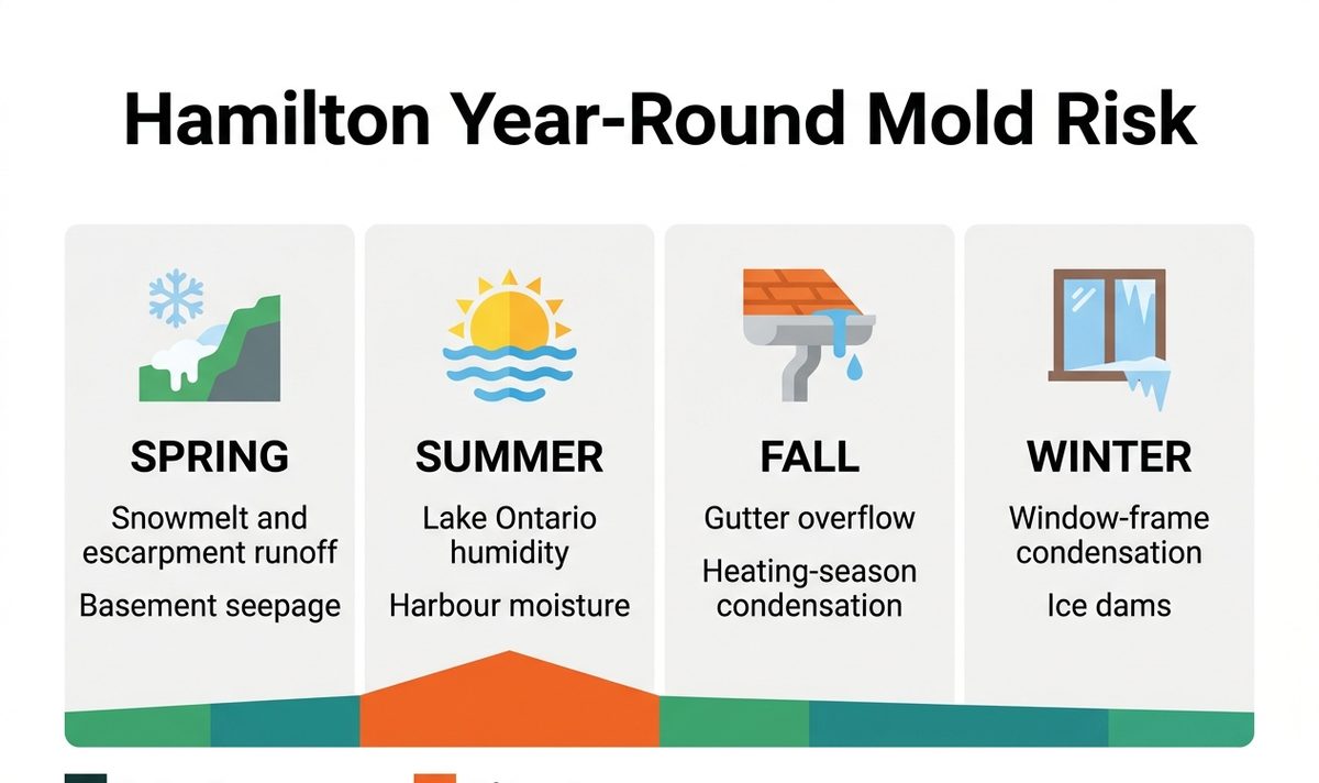 Year-round mold risk in Hamilton: spring escarpment runoff and basement seepage, summer Lake Ontario and harbour humidity, fall gutter overflow, and winter window-frame condensation.