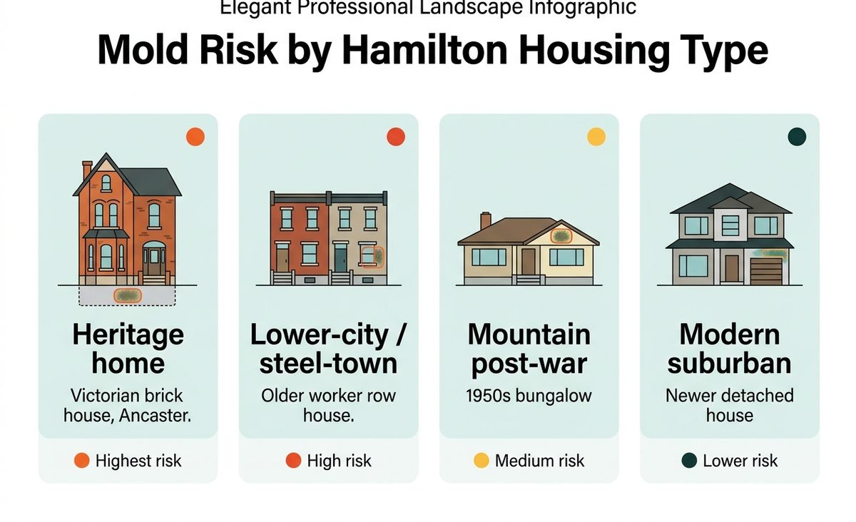Mold risk by Hamilton housing type: heritage Victorian, lower-city steel-town row house, Mountain post-war bungalow, and modern suburban home, each showing common mold-prone areas.