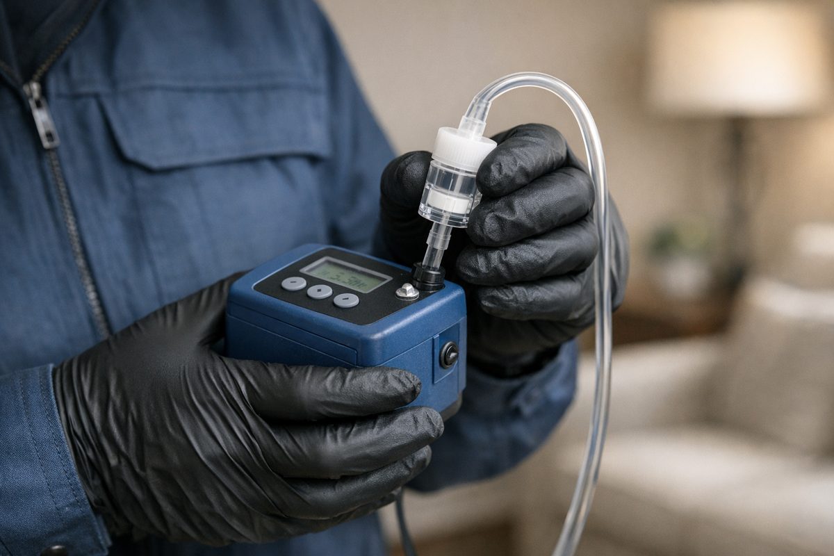 Mold Busters inspector taking an indoor air sample with a spore-trap pump in a Montreal home