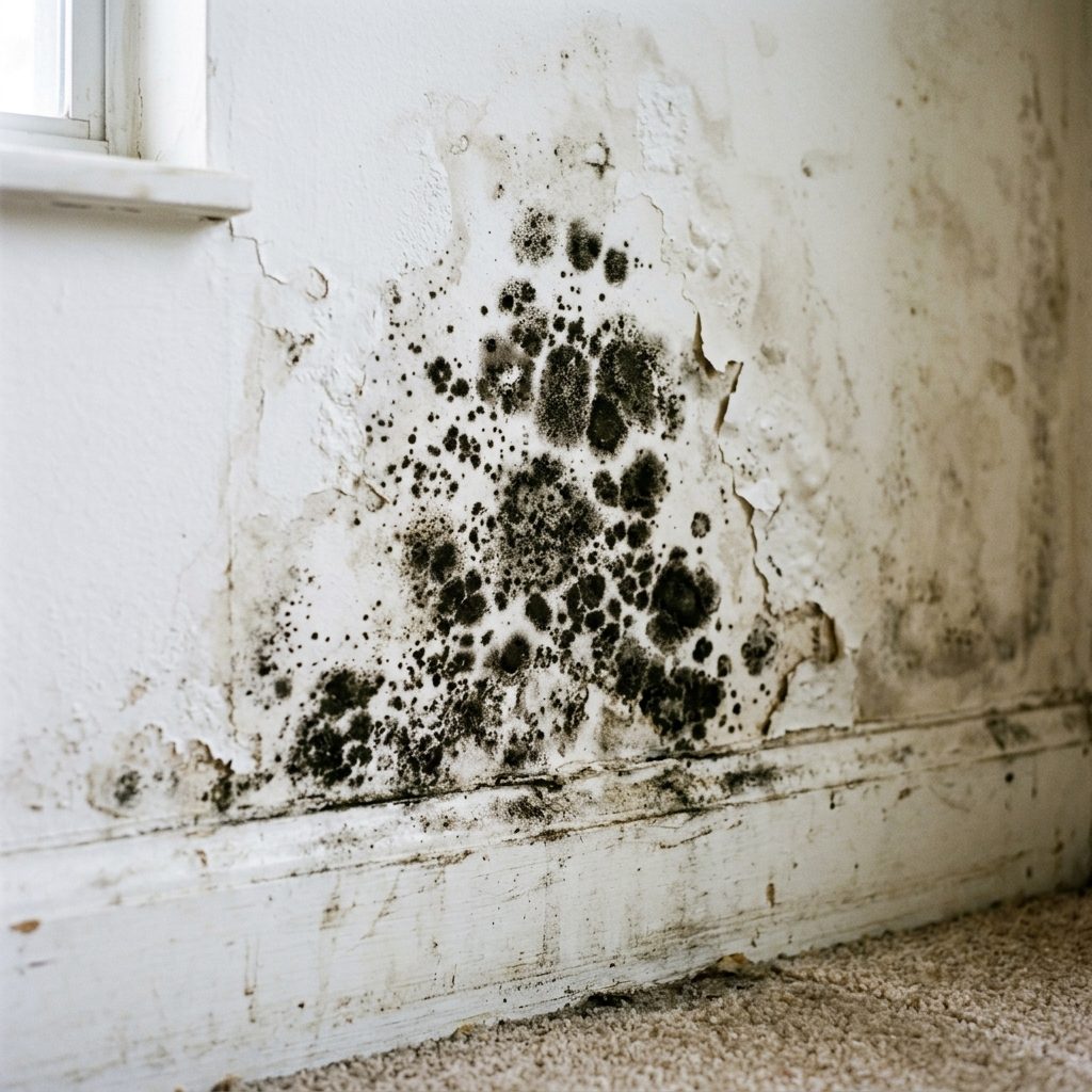 Black mold spreading across a section of interior drywall near the floor