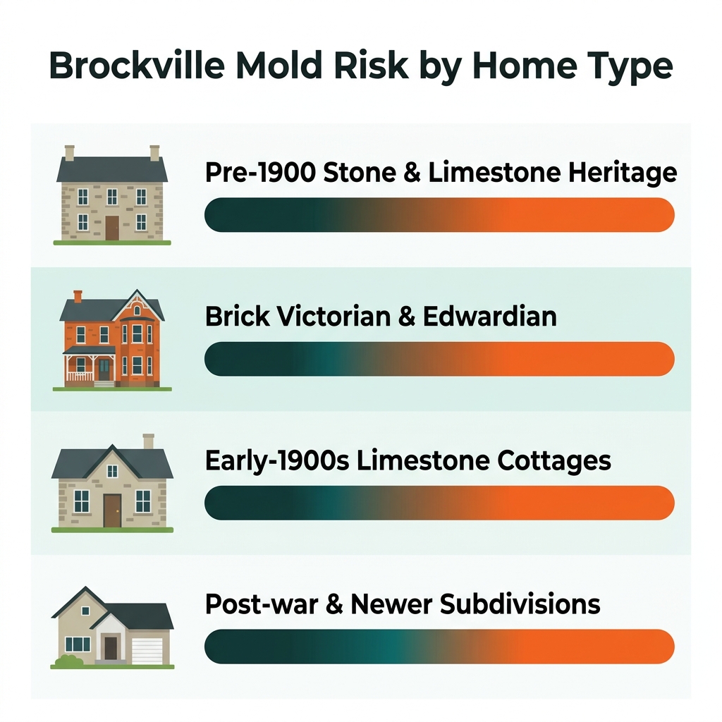 Mold risk by Brockville housing type: pre-1900 stone and limestone heritage, brick Victorian and Edwardian, early-1900s limestone cottages, and post-war and newer subdivisions, each with its risk level.