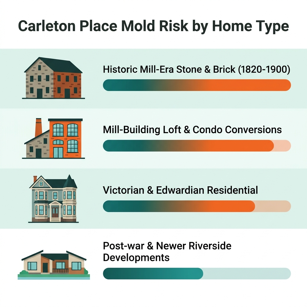 Mold risk by Carleton Place housing type: historic mill-era stone and brick, mill-building loft and condo conversions, Victorian and Edwardian residential, and post-war and newer riverside developments, each with its risk level.