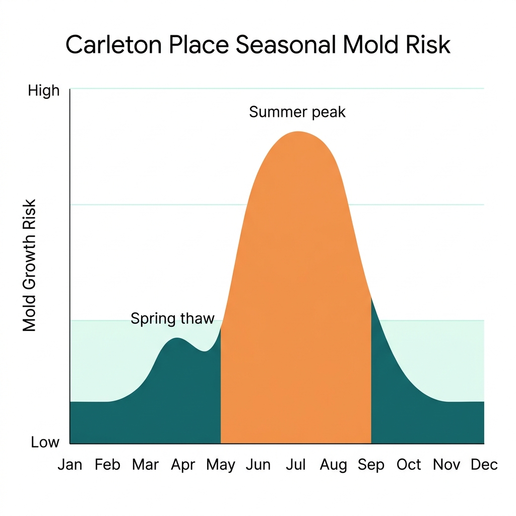 Year-round mold risk in Carleton Place: a spring-thaw bump from snowmelt and a high water table, a high humid-summer peak from June to August, and low risk in the cold dry winter.
