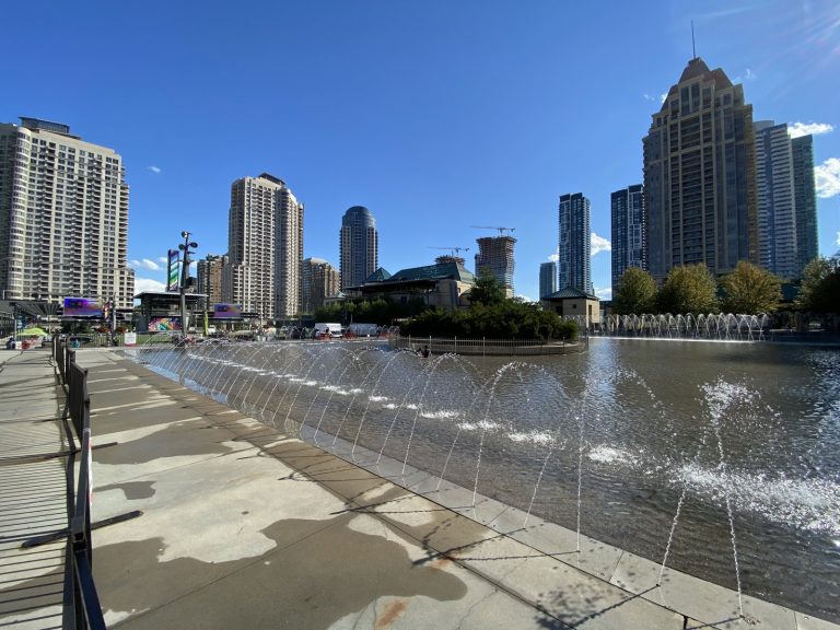 Mississauga Celebration Square and the downtown City Centre skyline, served by Mold Busters mold inspection and remediation.