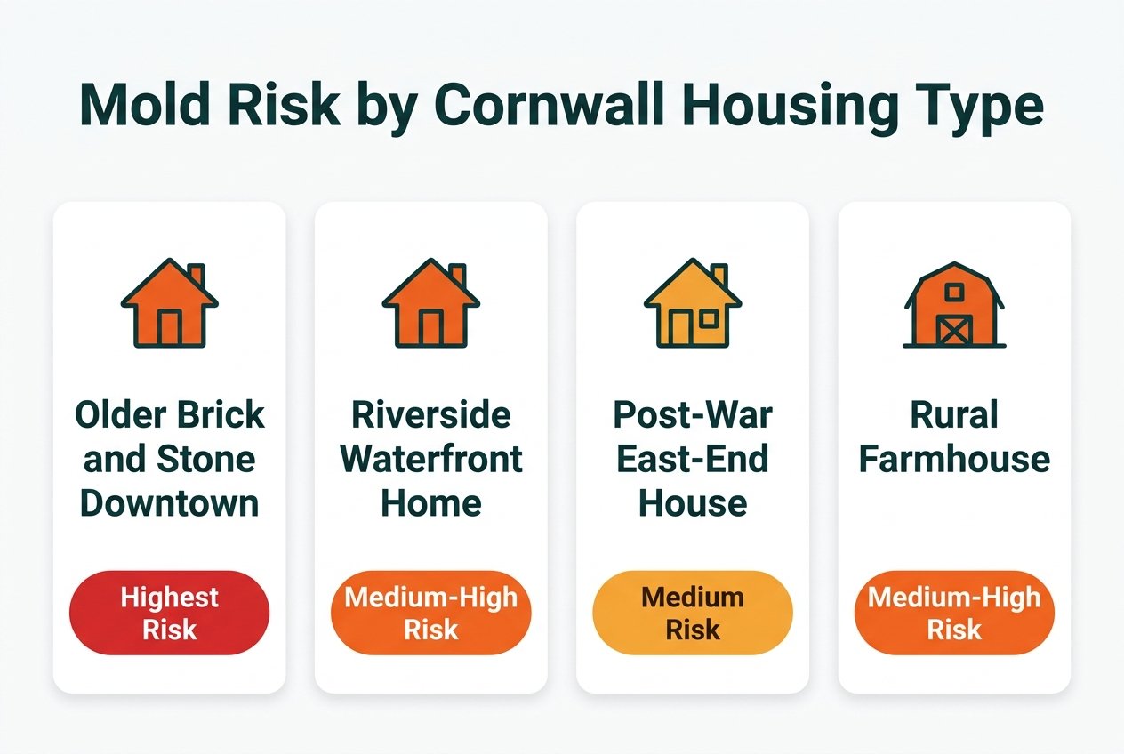 Mold risk by Cornwall housing type: older brick and stone downtown home, riverside or waterfront home, post-war east-end house, and rural SD&G farmhouse, each with its risk level.